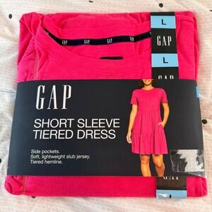 Hot‎ Pink GAP Short Sleeve Tiered Dress Cotton Pockets Size L